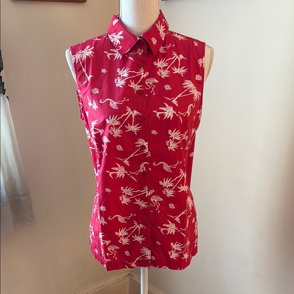 Pink Flamingo Print Karen Scott Sleeveless Button Up